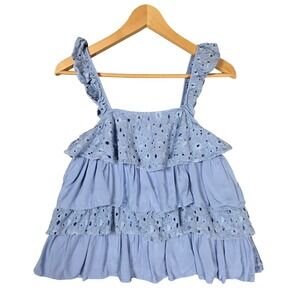 J.O.A. Tiered Eyelet Ruffle Tank Top Womens XS Blue Baby Doll Sleeveless Boho